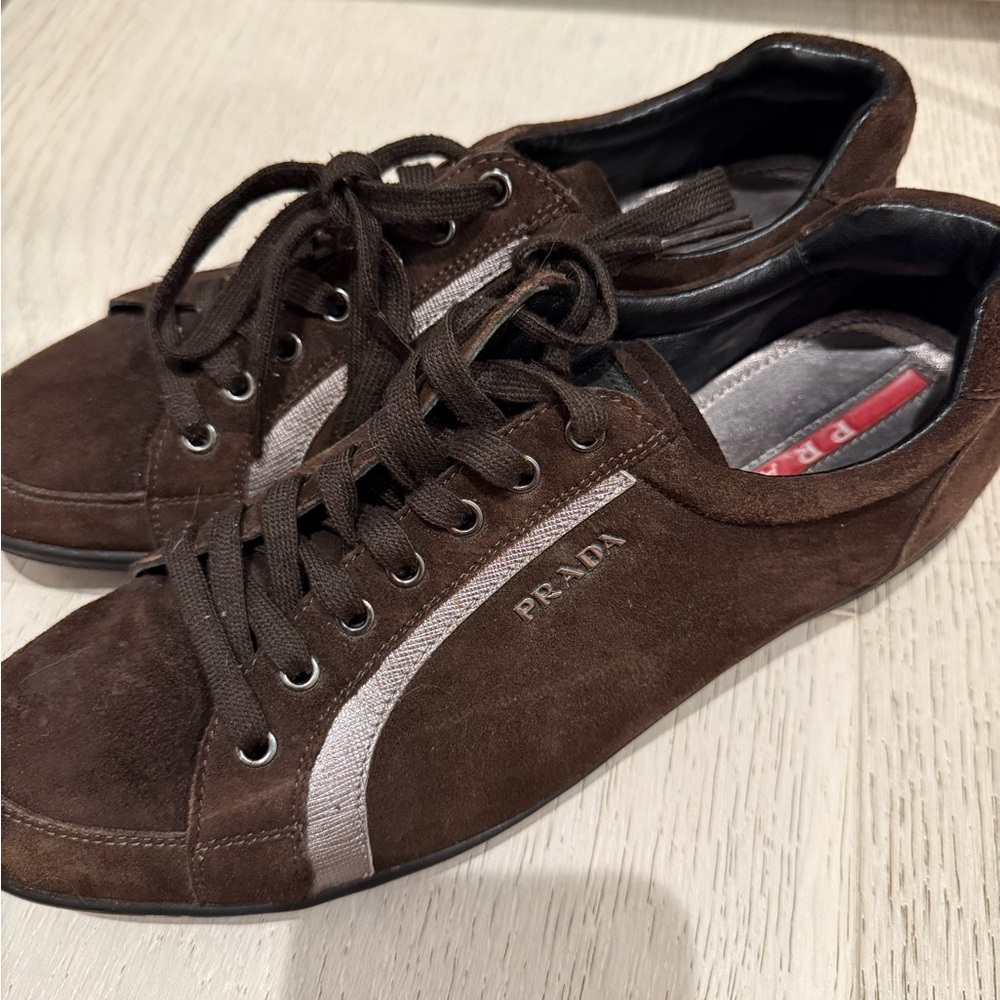 Prada Women's Dark Brown Suede Sneakers - Picture 3 of 6